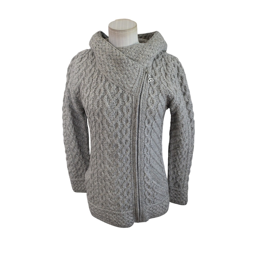 Aran Crafts Cardigan XS Grey Merino Wool Side Zip Hooded Aran Sweater Womens